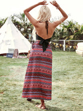 Vacation Ladies' Spliced Fringe Hem Halter Neck Vest And Flower Print Wrapped Knotted Skirt Set, Country Festival Outfits